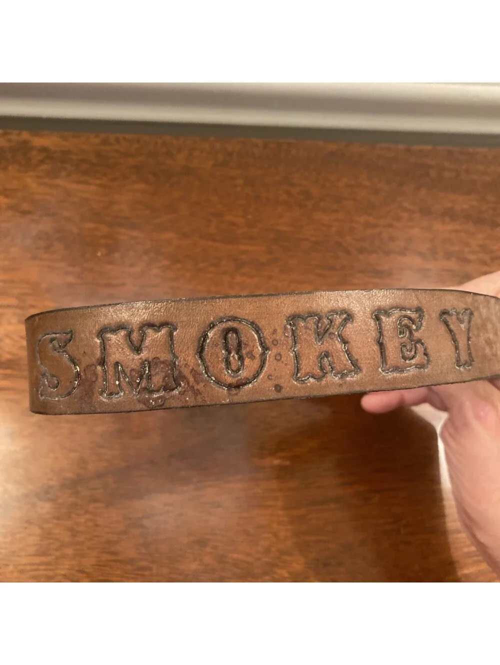 Handcrafted Brown Leather Dog Collar Western Large Dog Engraved “Smokey”